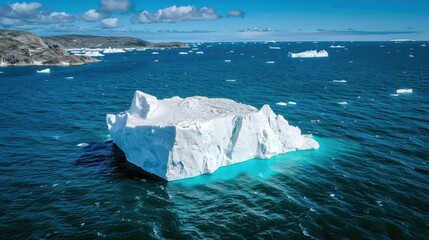 Wall Mural - Aerial view of a large iceberg floating on the open blue ocean
