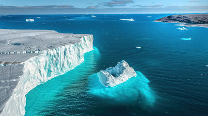 Wall Mural - Aerial view of majestic icebergs floating in a pristine turquoise sea