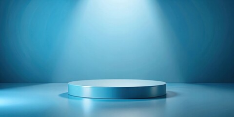 Poster - A solitary, pale blue cylindrical platform rests serenely under a single spotlight against a muted azure backdrop.