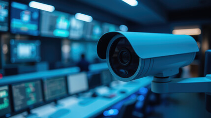 Poster - High tech surveillance camera in modern control room with multiple screens displaying data and monitoring systems