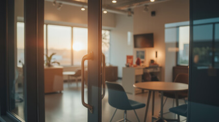 Poster - Cozy office space with sunset view through glass doors, featuring modern furniture and warm lighting, creating welcoming atmosphere
