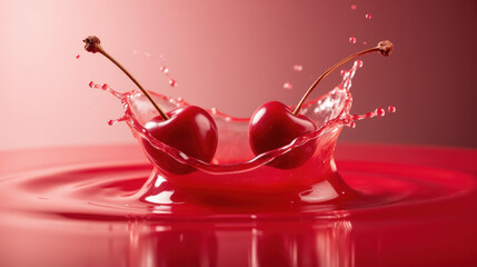 Poster - Juicy cherries create splash in vibrant red liquid, capturing moment of freshness and energy. dynamic scene evokes sense of fun and delight