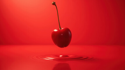 Poster - Vibrant cherry suspended above reflective red surface, creating striking visual effect with ripples below