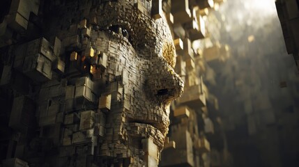 Poster - Futuristic human head sculpture composed of layered cubic blocks with soft lighting and shadow effects, showcasing a digital abstract art highlighting innovation and modernity