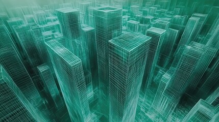 Aufkleber - Digital illustration of a city skyline with architectural renderings.