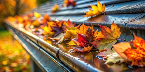 Poster - Autumn Leaves in a Gutter A Close-Up View of Colorful Fall Foliage Clogging a Residential Downspout during a Wet Season