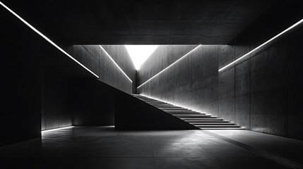 Poster - Staircase of Ascendancy: Monochrome Architectural Space Illuminated by Linear Lights