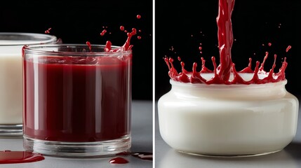 Poster - Dynamic highspeed capture of crimson paint droplets splashing into milk creating abstract shapes against a black background with space for text