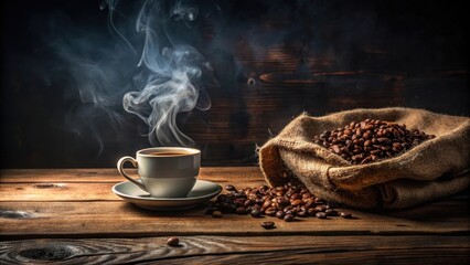 Aufkleber - Aromatic Coffee Steam Rising from a Cup Beside a Burlap Sack of Roasted Beans on Rustic Wooden Table