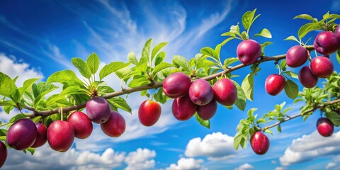 Poster - Vibrant plums ripening on a tree branch against a backdrop of a sunny sky with fluffy white clouds, showcasing the beauty of nature's bounty
