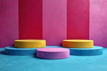 Poster - A modern, abstract composition with a pastel background, showcasing a 3D illustration of a geometric, step-like, colorful cylinder podium and platform, designed for presenting cosmetic products,