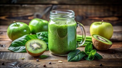 Poster - Refreshing Green Smoothie with Kiwi and Apples in Glass Jar