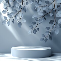 Poster - The scene features a cylinder white podium mockup with a sky background and shadow leaves, perfect for showcasing cosmetic products on a podium or platform with a modern 3D design