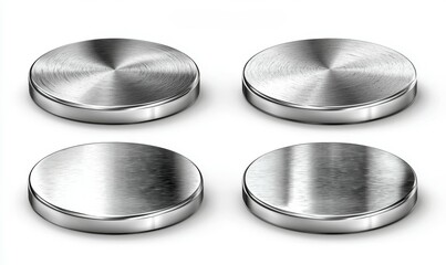 Poster - Realistic silver metal stage podiums are depicted in a modern illustration, complete with shadows, isolated on a white background, and including a round winner pedestal and 3D empty platform