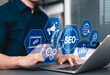 © Supatman - SEO Search Engine Optimization Strategy Concept. Businessman using laptop with SEO-related icons such as link building, analytics, global web targeting to boost online visibility, digital marketing,