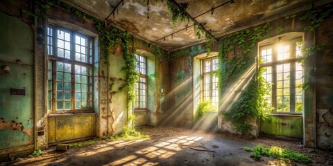 Aufkleber - Sunbeams Illuminate a Derelict Room Overgrown with Lush Greenery, Walls Crumbling and Showing the Passage of Time