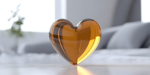 Poster - Amber Glass Heart on White Surface with Soft Focus Background
