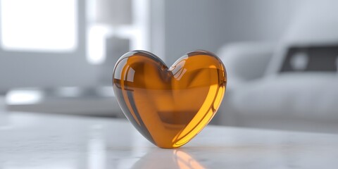 Poster - Amber Glass Heart on White Marble Surface with Blurred Background