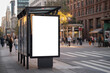 © Imran - Blank vertical billboard on modern bus shelter in city street, realistic scene with soft sunset lighting and cinematic shallow depth of field