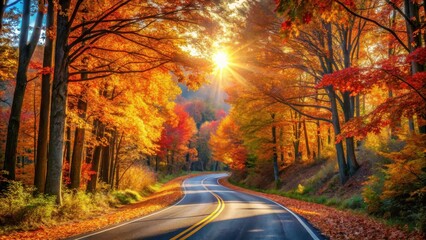 Aufkleber - Autumnal Road Winding Through Vibrant Foliage Bathed in Golden Sunlight