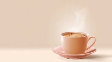Poster - A light peach-colored cup of steaming coffee on a saucer.