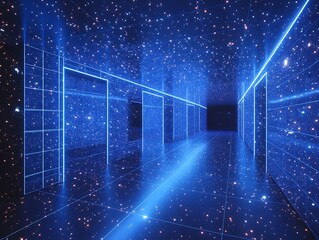 Poster - Futuristic neon corridor with starry walls and glowing floor in blue tones