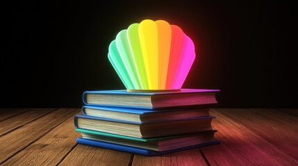 Leinwandbilder - Stacked books with a colorful rainbow shell lamp.