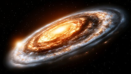 Wall Mural - A vibrant spiral galaxy with a bright, orange core and swirling blue-grey arms, set against a dark, starry expanse