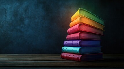 Aufkleber - Stack of colorful books on a wooden surface.