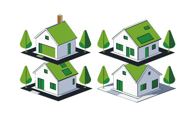 a clean, scalable vector illustration featuring four isometric-style modern houses, a distinct roof 