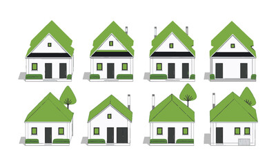 a clean, scalable vector illustration featuring four isometric-style modern houses, a distinct roof 