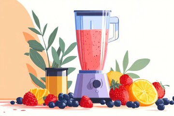 Aufkleber - Preparation of a Colorful Fruit Smoothie Featuring a Blender, Various Berries, and Fresh Ingredients in a Modern Kitchen Setting