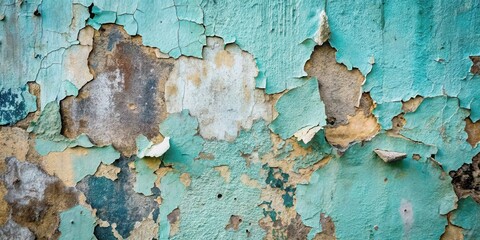 Leinwandbilder - Textured Wall with Peeling Teal Paint and Underlying Layers of Aged Plaster and Stone