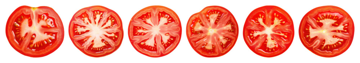 PNG Slices of ripe tomatoes arranged in a horizontal line element set on transparent background.