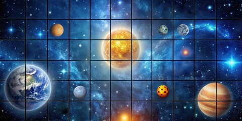 Wall Mural - a celestial grid planetary panorama displaying diverse cosmic bodies and star systems