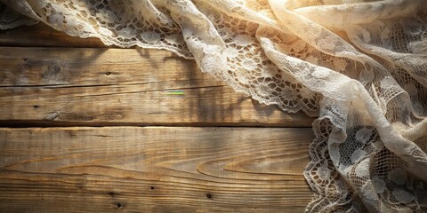 Poster - Delicate cream lace draped elegantly on rustic wooden planks, bathed in warm sunlight