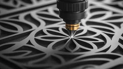 Poster - Precision Cutting Tool Engraving Intricate Patterns on Dark Material in Close-Up Shot