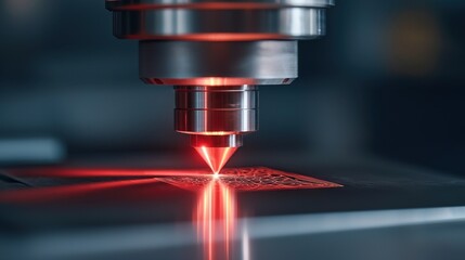 Poster - High-Precision Laser Engraving Machine in Action on Metal Surface with Bright Red Beam