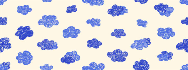 Poster - Crayon icons of weather, clouds in sky. Seamless pattern with doodle clouds in chalk texture. Cute summer weather background drawn with crayon pencils, kid vector illustration