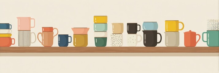 Aufkleber - Colorful Kitchen Shelf With Various Cups and Mugs Arranged in a Minimal Layout for a Cozy Dining Experience