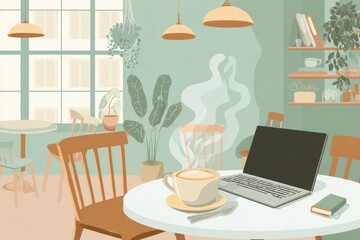 Poster - Cozy Corner Cafe Setting With Steaming Coffee and an Open Laptop Inviting Relaxation and Productivity