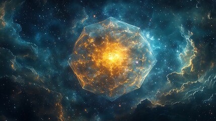 Poster - Celestial Enclosure: A Luminescent Form Encapsulating Cosmic Energy Amidst Nebula