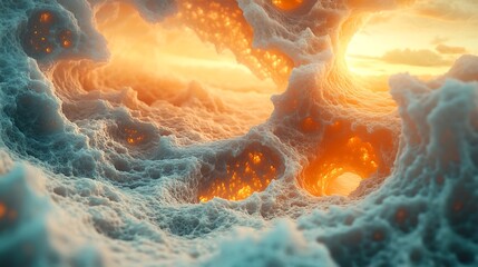 Poster - Abstract depiction of the celestial landscape, resembling a cloudscape, with bright orange lights