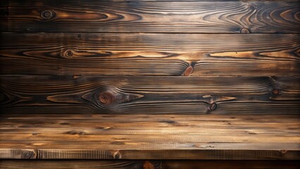 Poster - Rustic Wooden Tabletop with Dark Brown Planks Background Ideal for Product Displays and Presentations