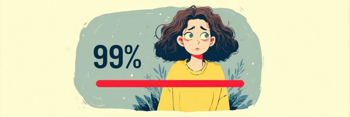 Fototapete - Loading Bar Frustration Illustrated With a Character Stuck at Ninety-Nine Percent, Expressing Anxiety While Surrounded by a Faded Background