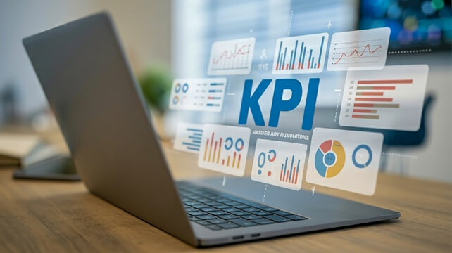 A professional business image of a modern laptop computer on a light wooden desk, with floating holographic KPI analytics graphics emerging from the screen