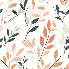 Poster - Seamless pattern with abstract olive leaf branches in muted orange, beige, dark green, and gray tones on white background