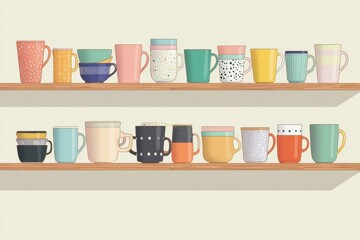 Aufkleber - Colorful Kitchen Shelf Showcasing an Array of Cups and Mugs in a Minimalistic Layout