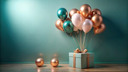 Poster - Elegant Gift Box Lifted by Balloons in a Serene Setting