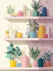 Poster - Seasonal Home Decor Arrangement on Shelves With Colorful Pots and Plants Creating a Cozy Atmosphere